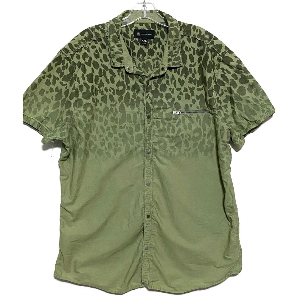 INC Green Animal Print Button Shirt Men XXL Zipper Pocket Grunge Edgy Ombre Punk